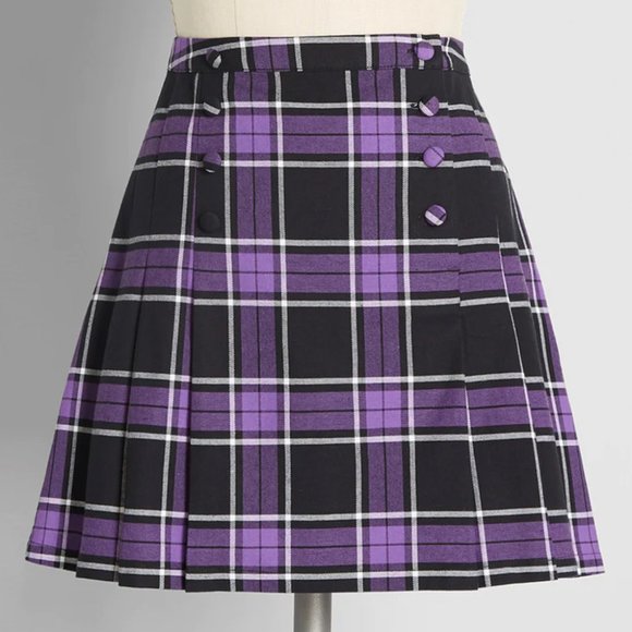 Purple Plaid Pleated Skirt - Picture 1 of 5